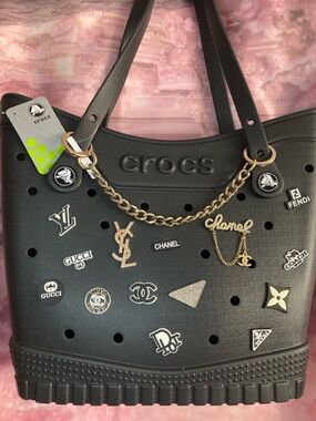 CROCS Black Tote with Gold Chain & Designer Charm Accents